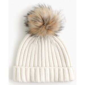 J.Crew Women Ivory Ribbed Knit Faux Fur Pom-Pom Beanie Hat Cream Accessory